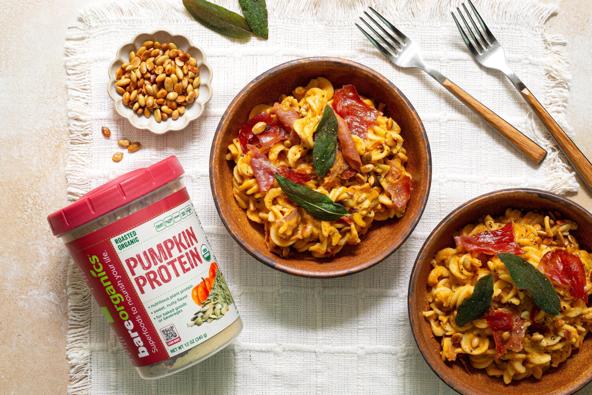 BareOrganics Pumpkin Protein Powder next to Pumpkin Sage Fusillii