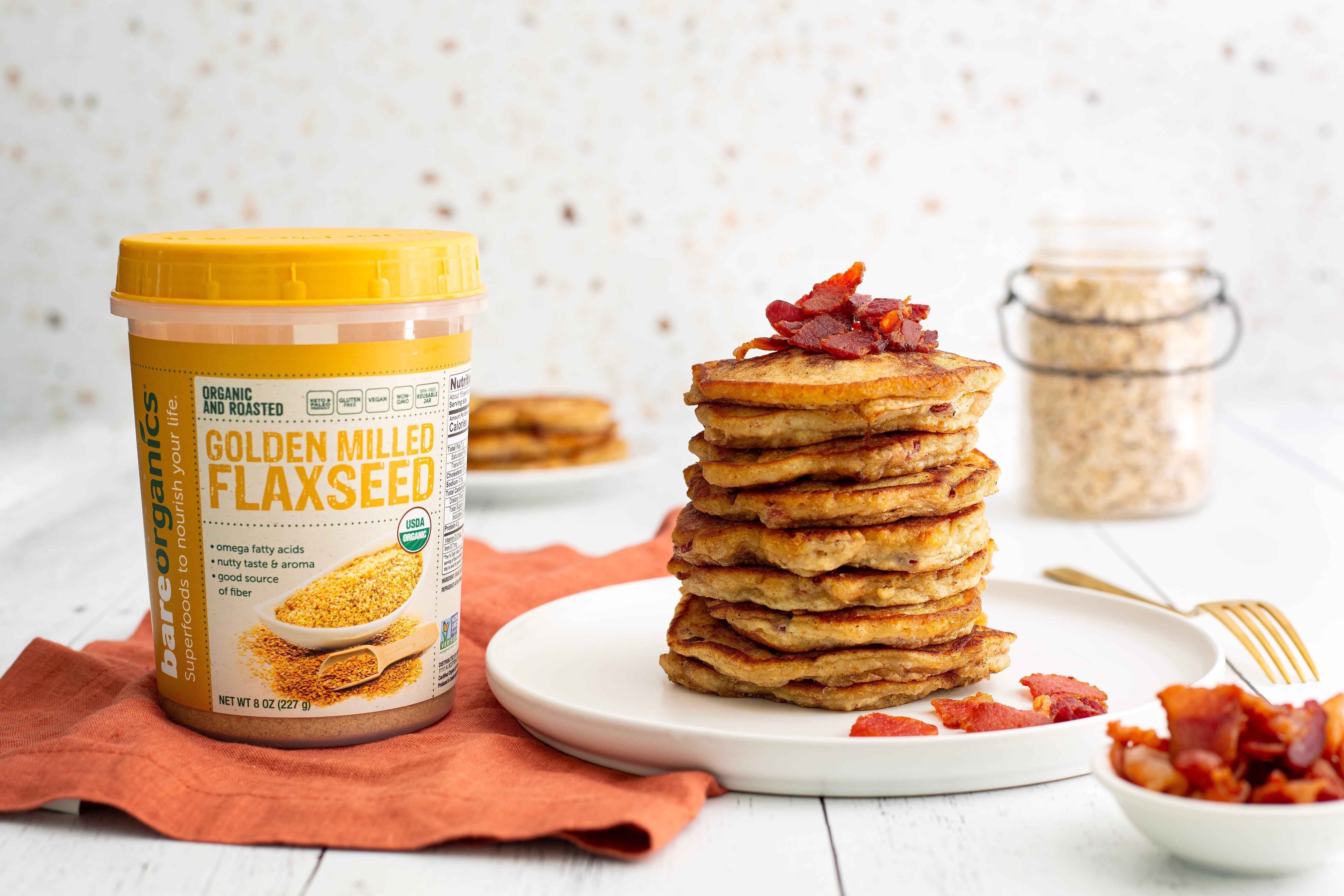 Gluten-Free Egg-Free Maple Oat Bacon Pancakes