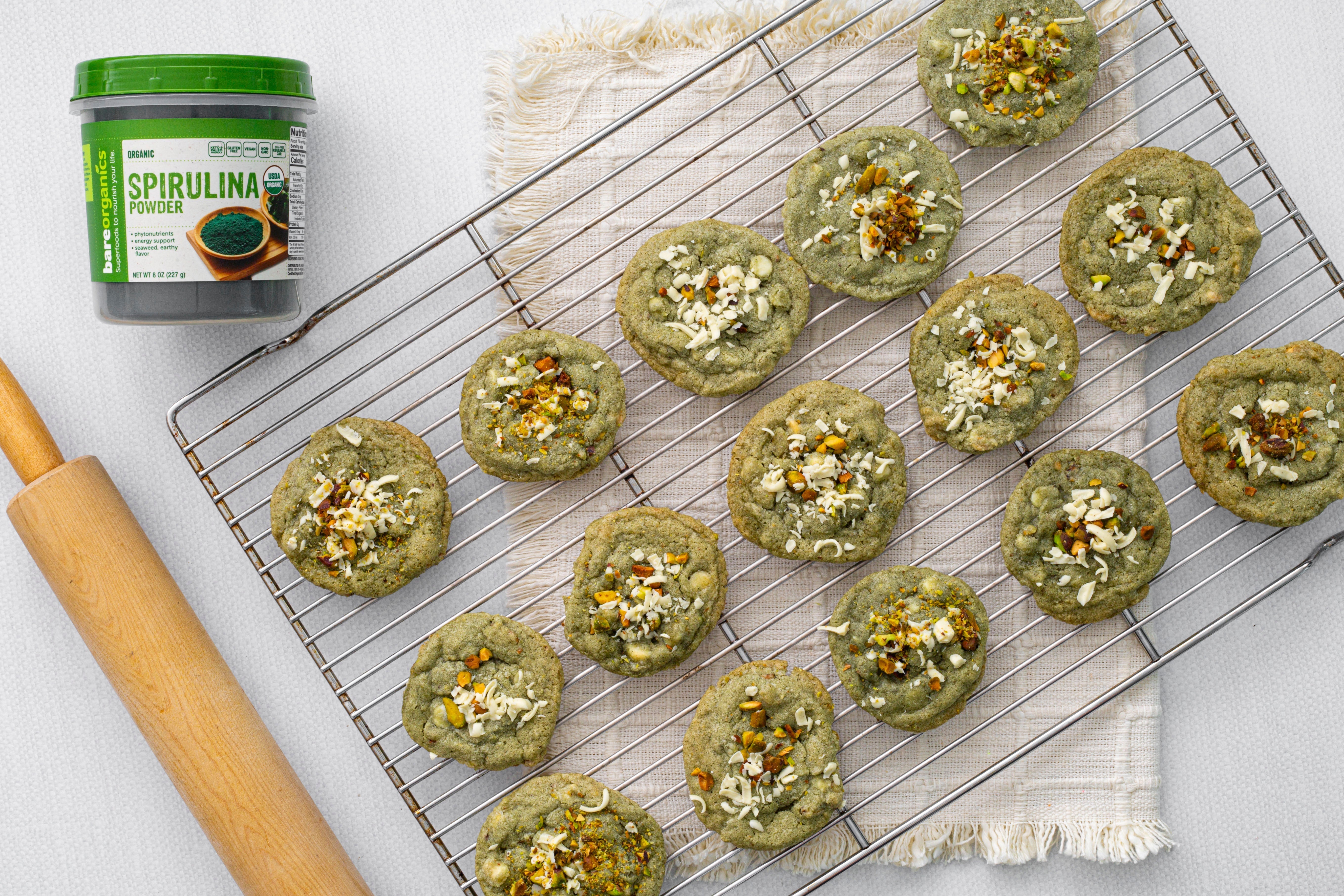 Matcha & Spirulina Cookies with White Chocolate & Pistachios