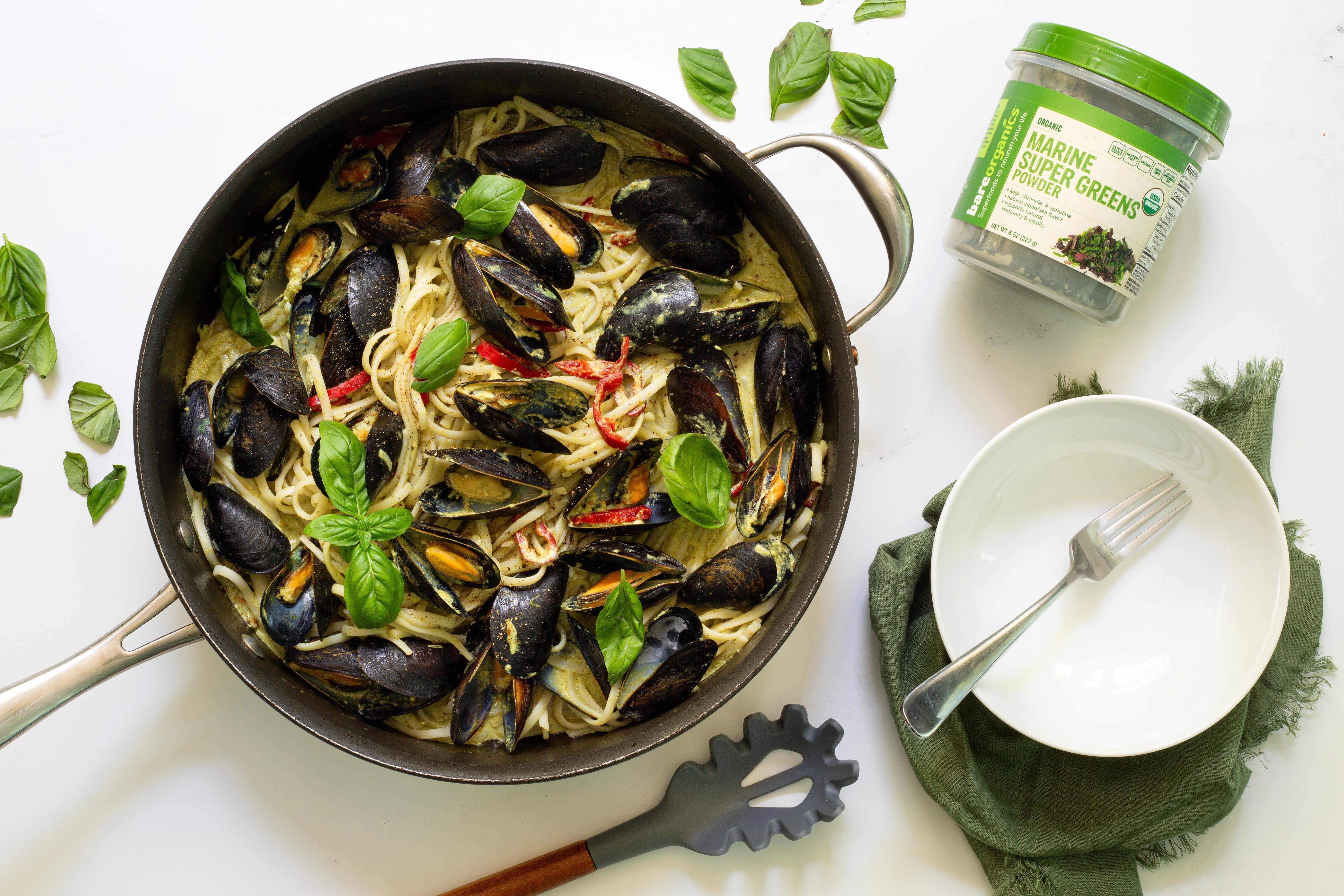 Yellow Curry Mussels with Gluten-Free Linguine and BareOrganics Marine Super Greens Powder