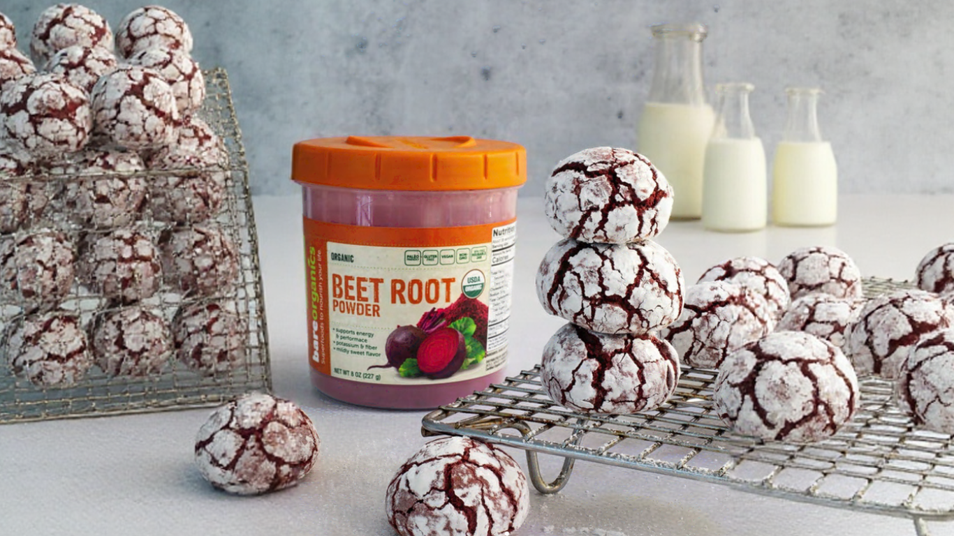 BareOrganics Beet Root Powder with Red Velvet Crinkle Cookies in a Kitchen