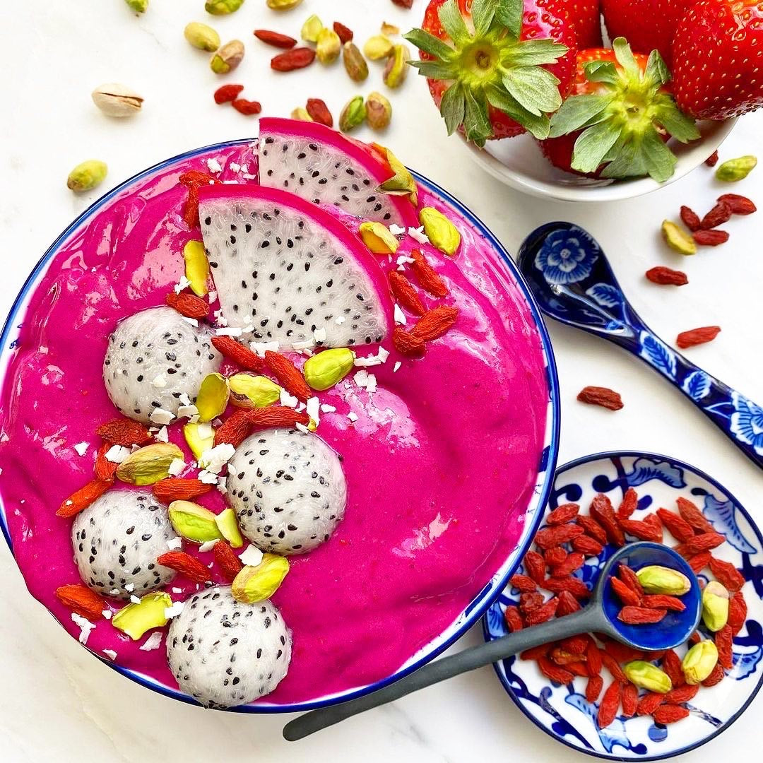 Dragon Fruit Coconut Raspberry Nice Cream Smoothie with Goji Berries