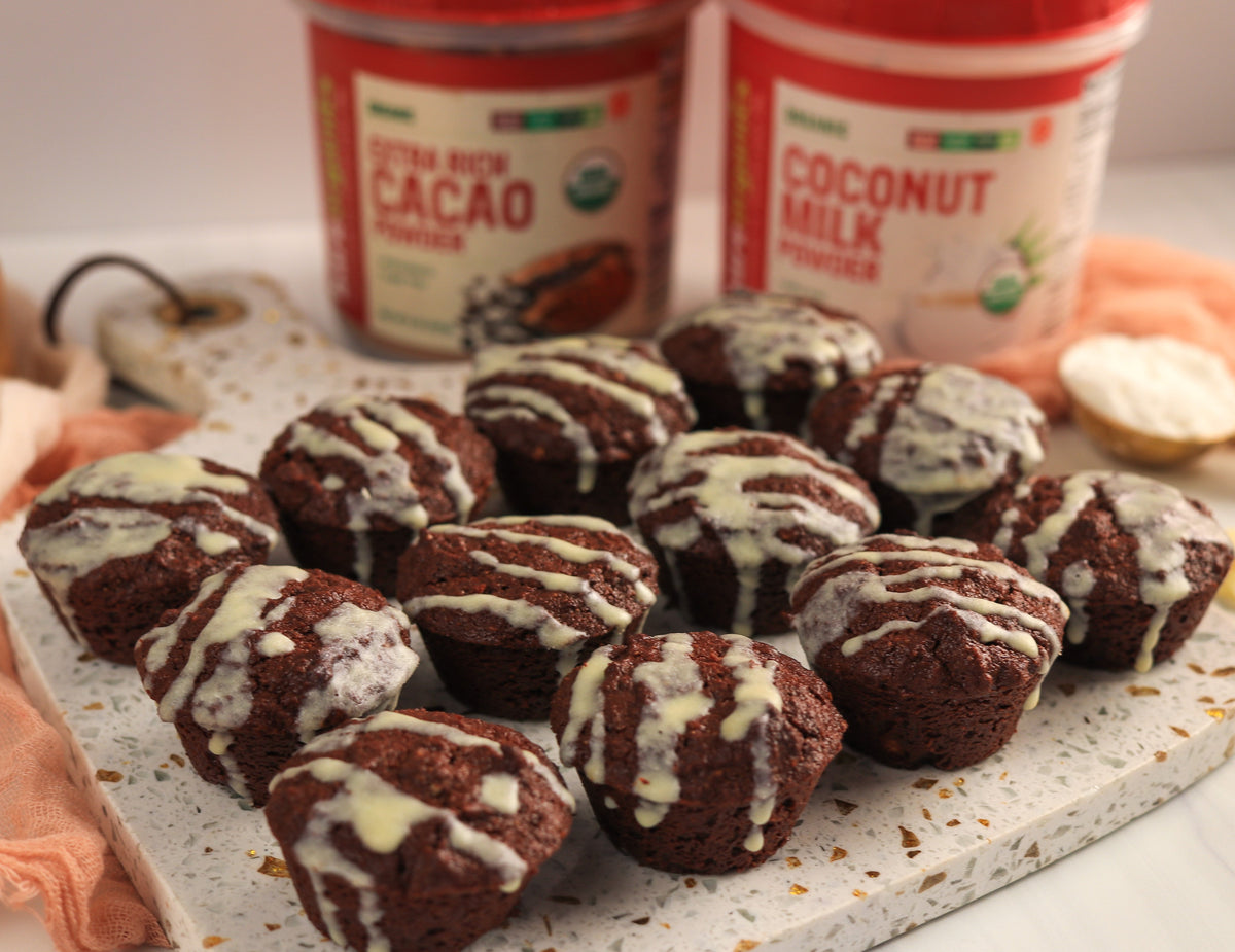 White Chocolate Covered Brownie Bites with Cacao and Coconut Milk Powder