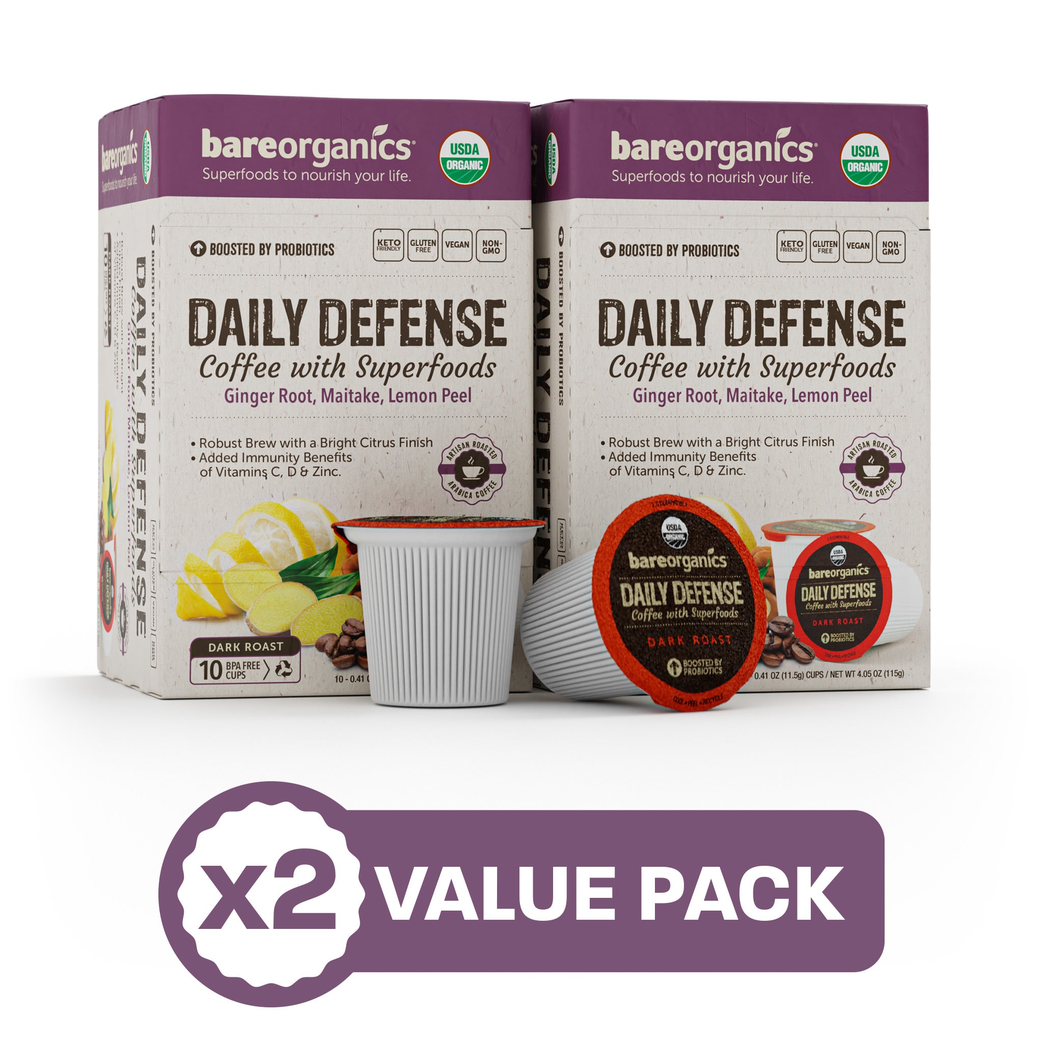 Organic Daily Defense Coffee with Superfoods Bundle (20ct Single Serve Cups)