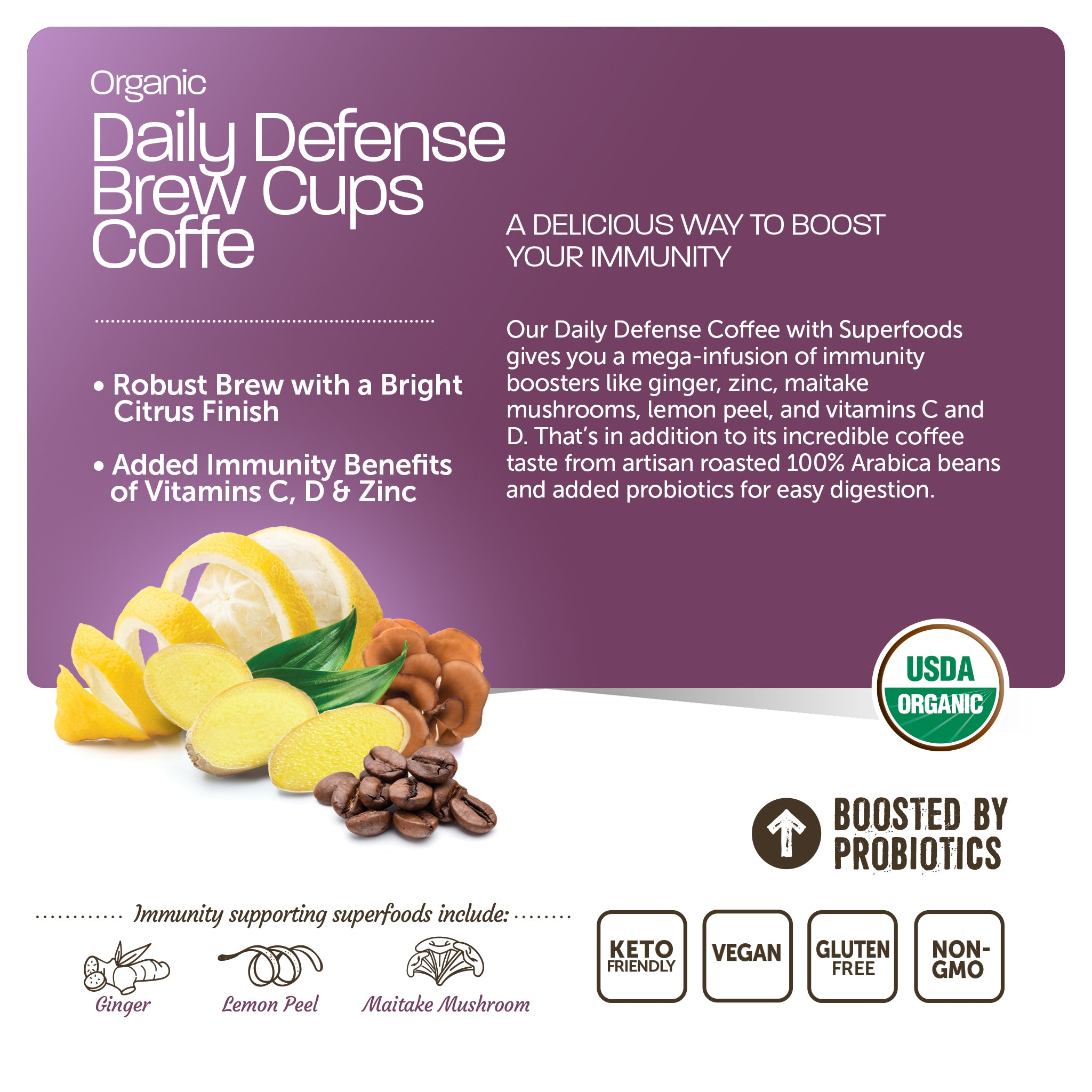 Organic Daily Defense Coffee With Superfoods (10ct Single Serve Cups)