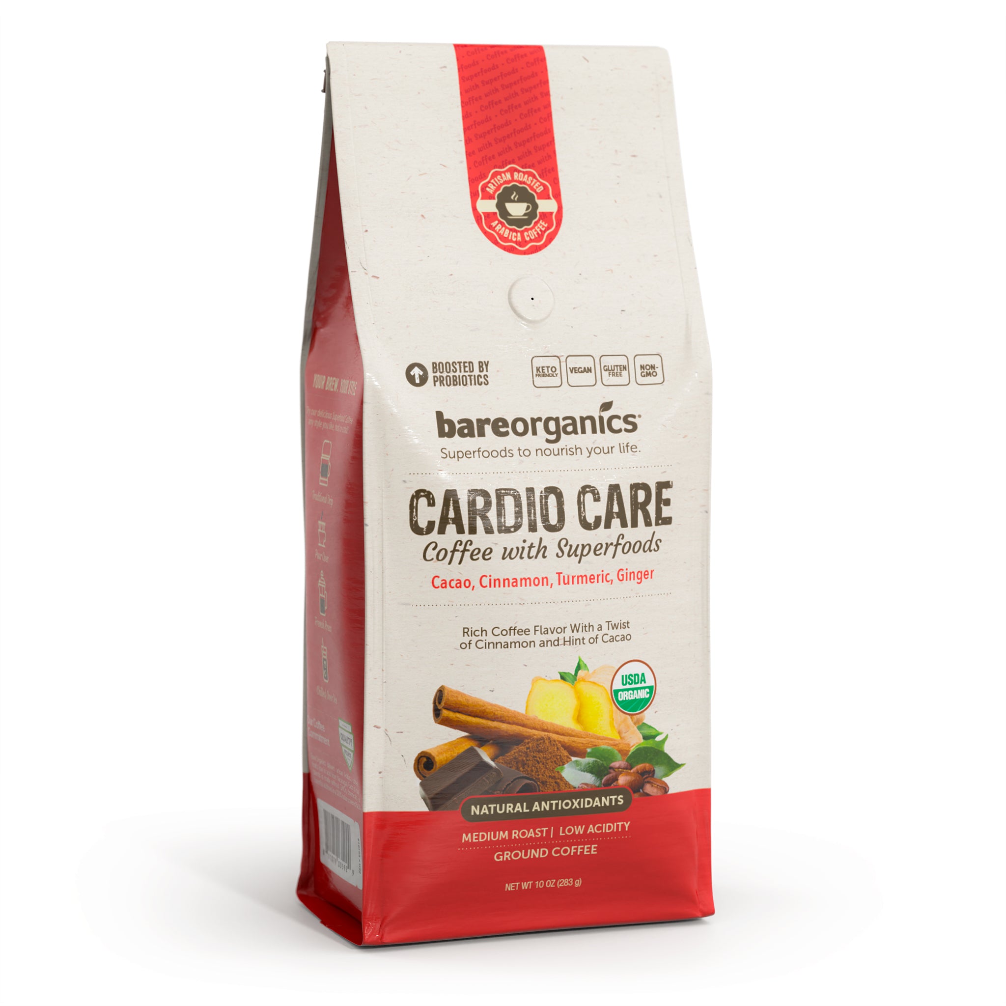 A package of BareOrganics Cardio Care Coffee with Superfoods, ground coffee with cinnamon sticks and a piece of cacao in the foreground, labeled as organic and non-GMO.