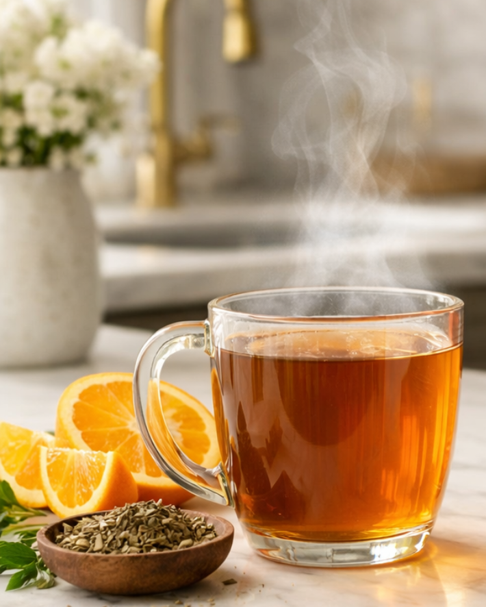 Steaming mug of tea on a kitchen counter with oranges and a bowl of tea leaves.