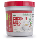 A container of BareOrganics Organic Coconut Milk Powder with a red lid, labeled as USDA Organic, vegan, gluten-free, and non-GMO. The container also includes an image of a cup with coffee creamer and provides nutritional information.