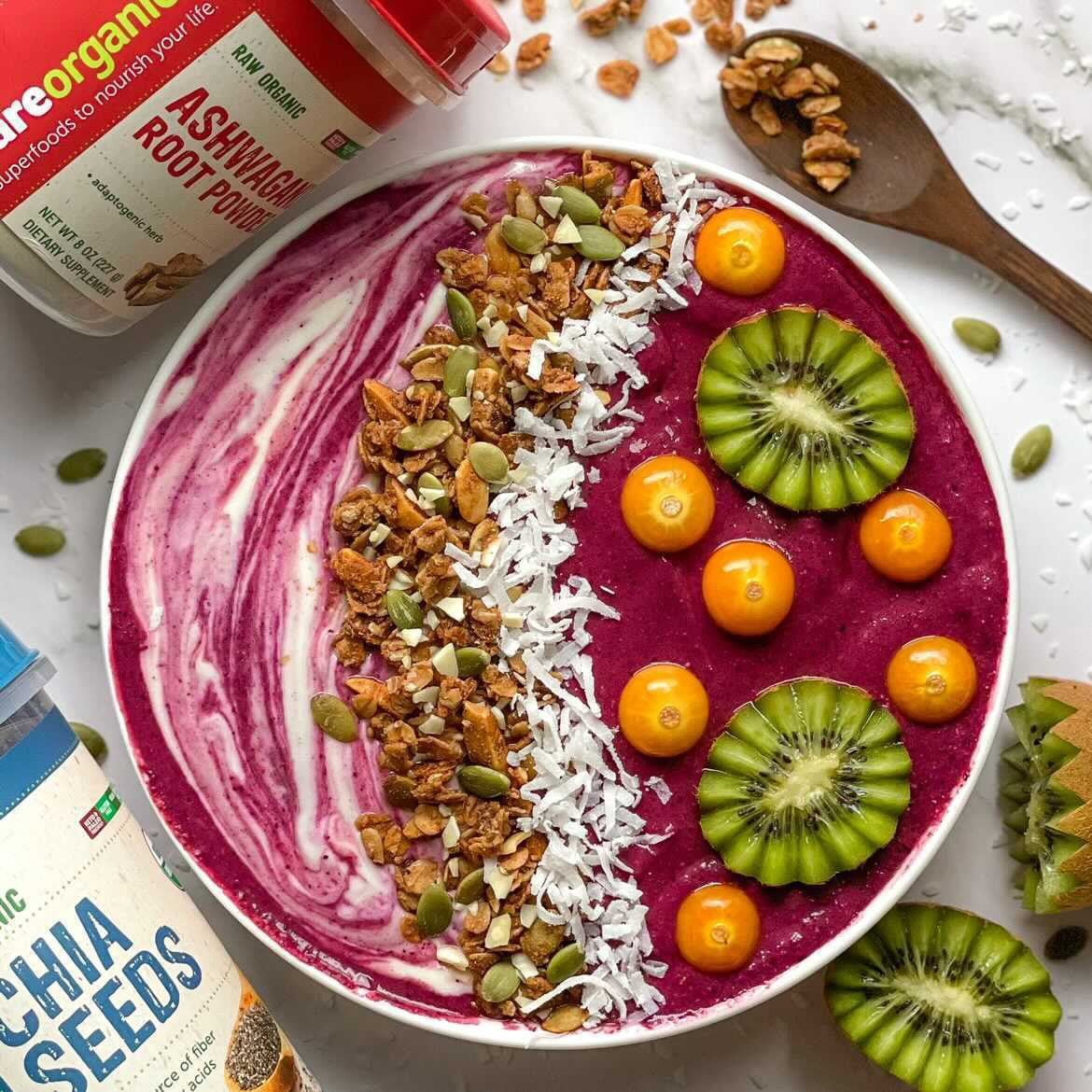 Acai Granola Smoothie Bowl with Chia Seeds, Ashwaghanda, Coconut Milk and Coconut Sugar