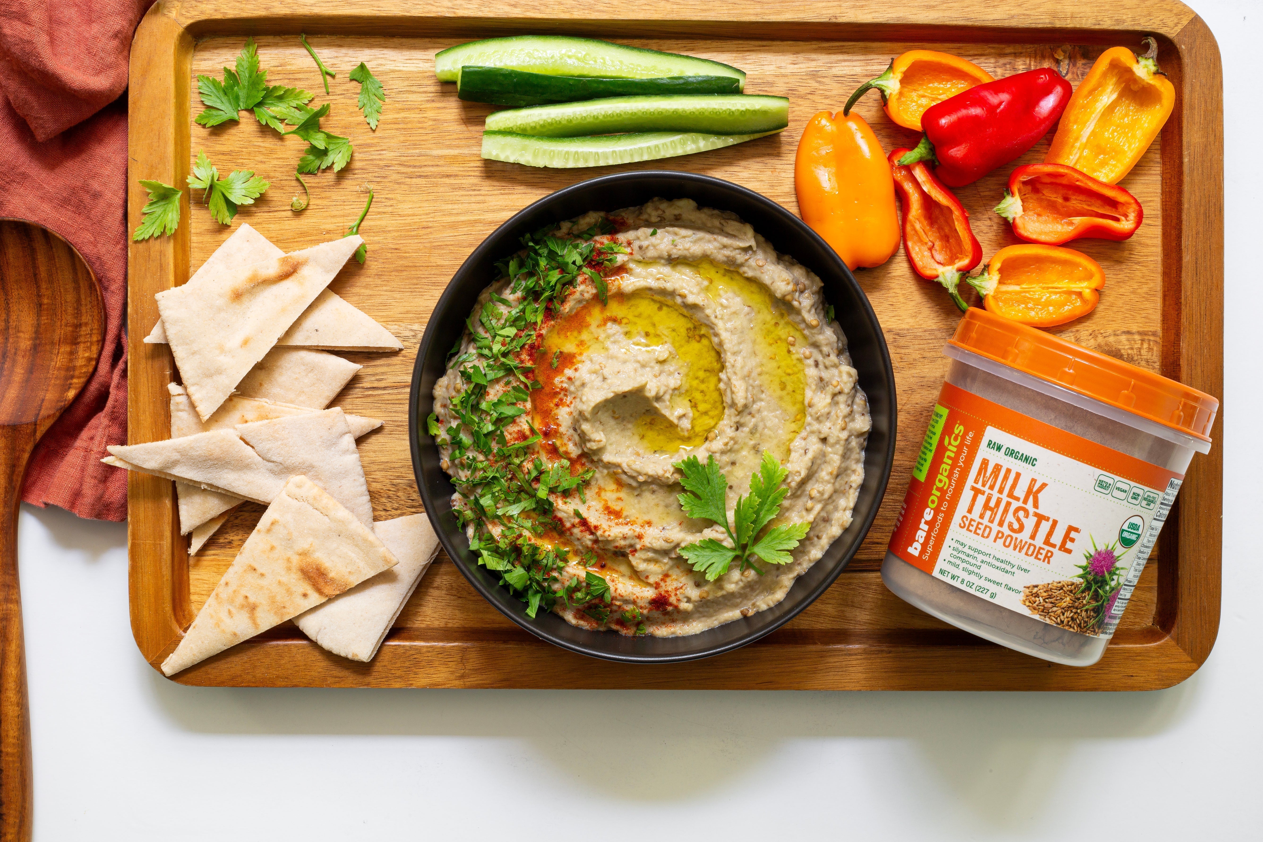 Gluten-Free Baba Ganoush with BareOrganics Milk Thistle, Veggies and Pita Bread