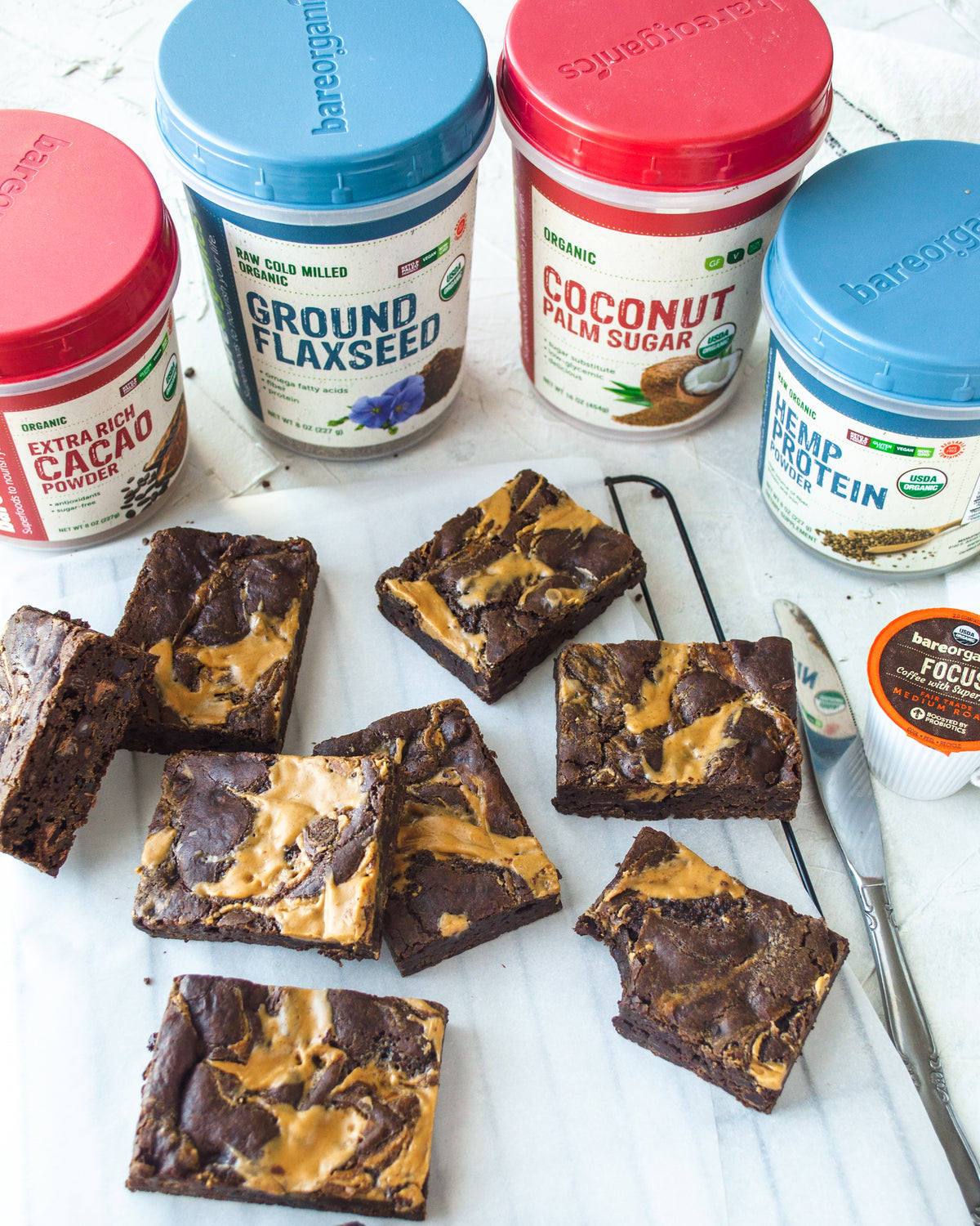 Protein Packed Peanut Butter Brownies with Cacao, Flaxseed, Coconut Sugar and Hemp