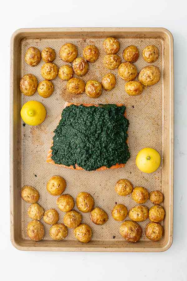 Sheet Pan Salmon with Spirulina Infused Pesto