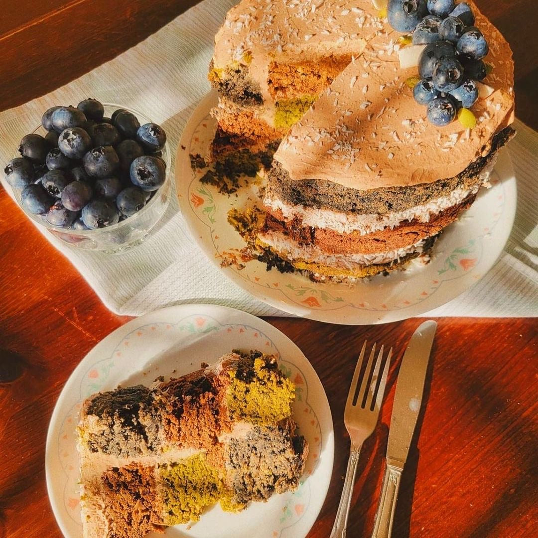 Matcha, Black Sesame & Cacao Checkerboard Cake
