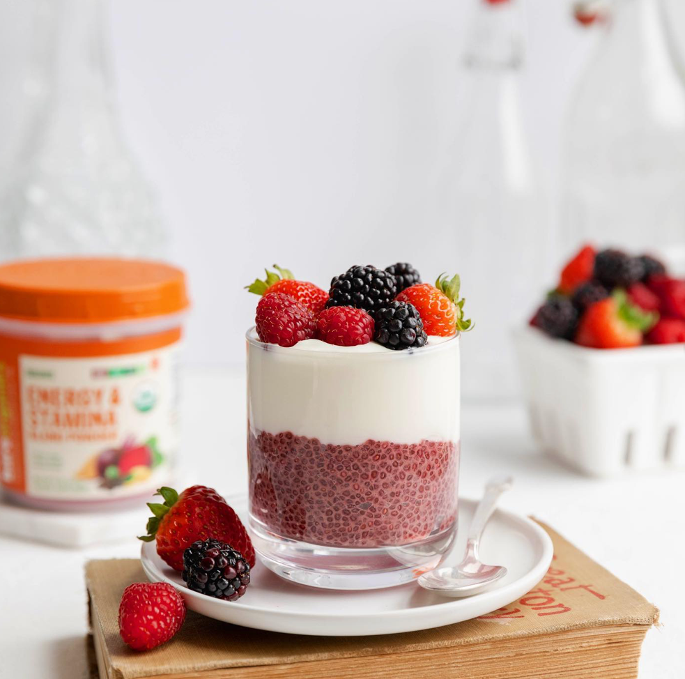 Chia Seed Parfait with Cacao, Beet, Maca and Ginger Root