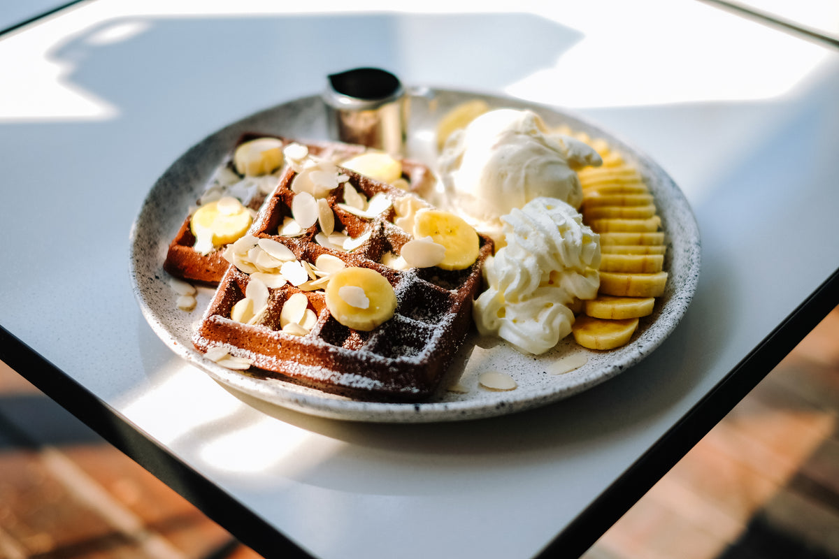 Maca Almond Banana Chocolate Chip Waffles
