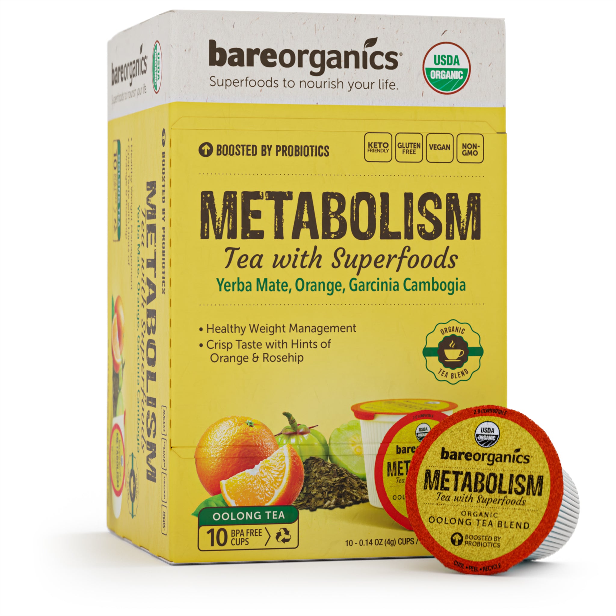 Box of BareOrganics Metabolism Tea with Superfoods, displaying yerba mate, orange, and rosehip, indicating a keto-friendly, gluten-free, and organic product.
