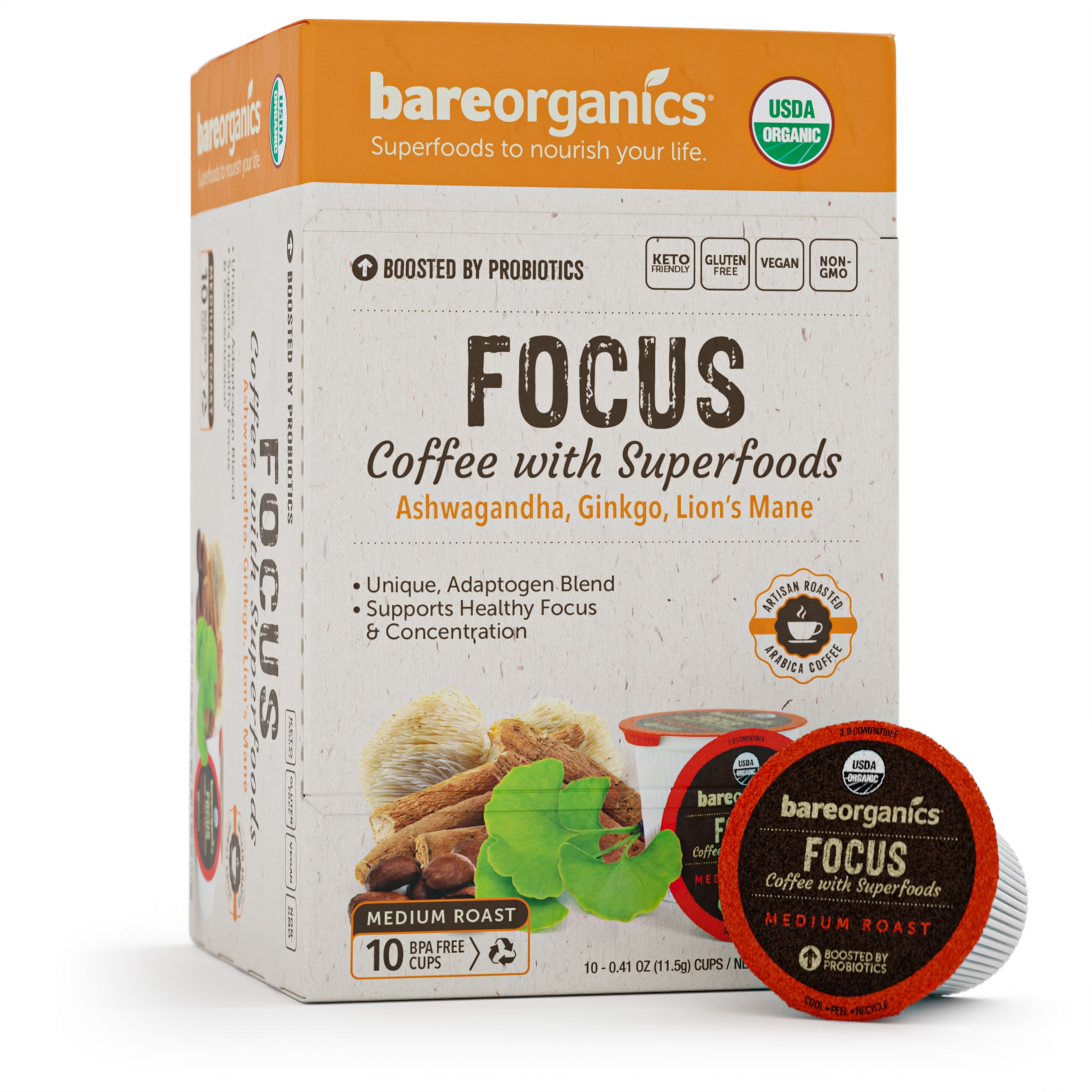 Packaging of BareOrganics Focus Coffee with Superfoods, showing a box of single serve cups with a green and brown color scheme and branding information.