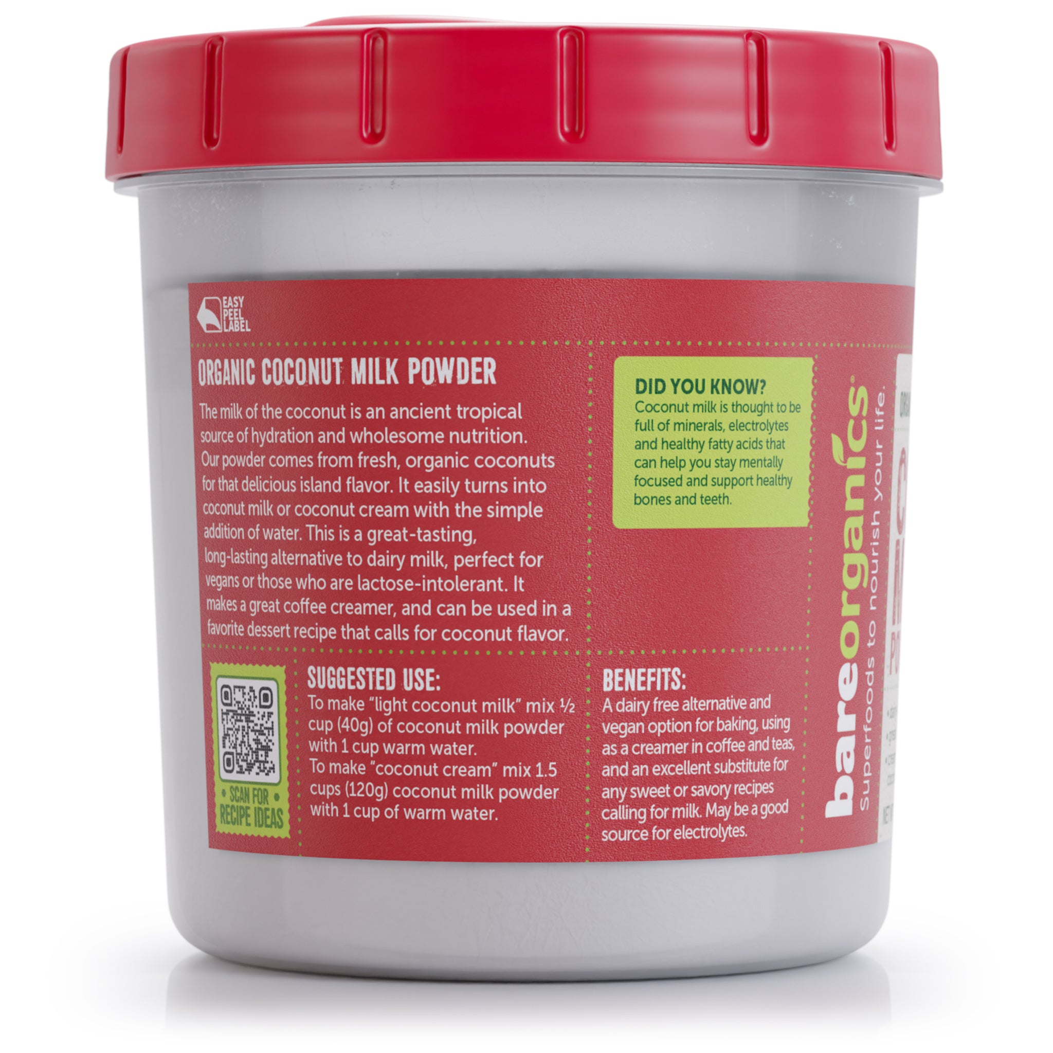 Side of container of coconut powder.