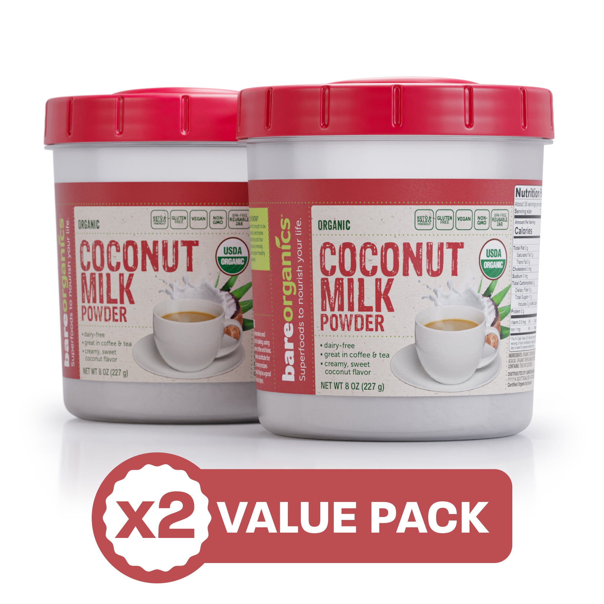Two containers of BareOrganics Organic Coconut Milk Powder with a 'x2 VALUE PACK' label in the foreground.
