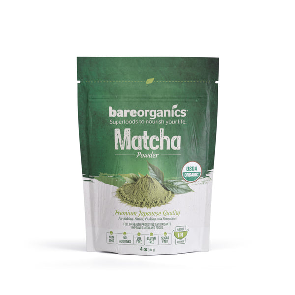 Bare Organics Matcha Powder packaging on a white background