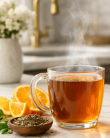Steaming mug of tea on a kitchen counter with oranges and a bowl of tea leaves.
