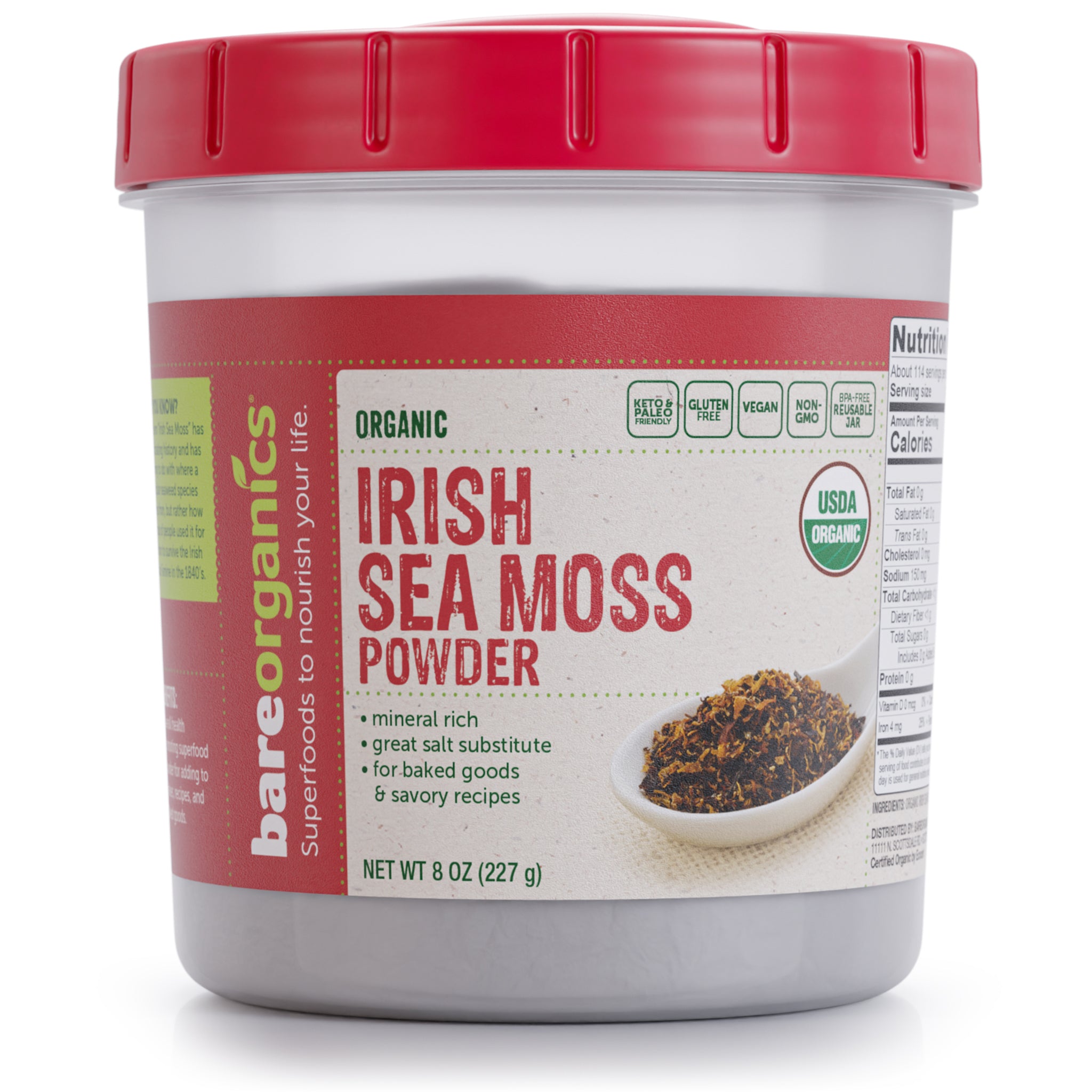 A container of BareOrganics Organic Irish Sea Moss Powder with the label showing the product name, description as a thickener for recipes, and certifications as gluten-free, vegan, non-GMO, keto and paleo friendly.